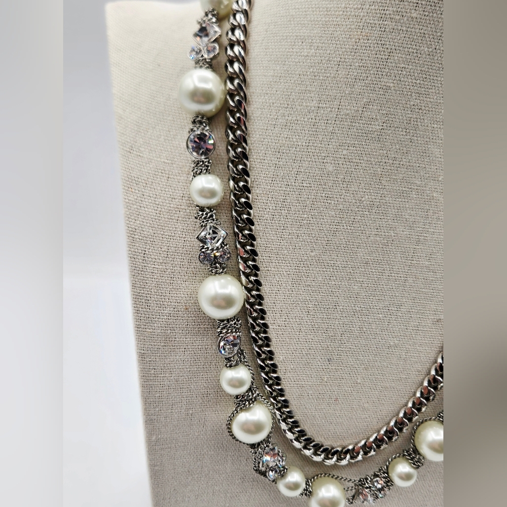 Givenchy Vintage Double Strand Faux Pearl Rhinestone Chain Necklace - Picture 3 of 7